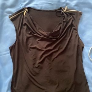 BLOUSE Black Sleeveless slinky top Shoulder Silver zipper draped neckline XL